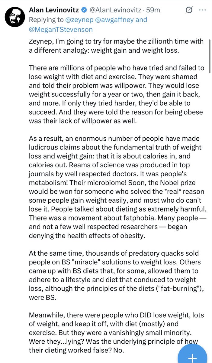 zeynep's tweet photo. My response to author’s claims to me (his in screenshots.)

Weight loss isn’t similar. Caloric restriction is hard for obvious reasons from evolution, but it works for everyone.  Everyone will lose weight if you locked them up and severely reduced their caloric intake.

Your best historical analogies here really are TB, ulcers, multiple sclerosis, endometriosis, etc. When they were poorly understood, medicine coped by coming up with personality and mindset theories. Medicine has a very long history of doing that and the logjam almost always gets broken by advances in imaging and testing — viruses are tiny, so this one is a frontier. Additionally, viral sequelae are hard to study because cause and effect are separated by time.  Now we know MS is downstream of EBV and many cancers are downstream of HPV infections decades ago. More is on the way.

Autoimmune illnesses have another challenge in that they tend to be remitting relapsing. The things that can trigger or maintain remission are interesting and should be studied. That’s why your piece is poor, btw. You would get very interesting cases from neuro-immune psychiatry people. But is a remission trigger also the underlying cause? It’s related to an aspect surely but that’s complex. Also your piece suffers from lack of conversation with immmunolgists doing interesting work on this.

Plus autoimmune illnesses disproportionately affect women because women’s immune system is different. And women are less believed.

Finally, yes, post exertional malaise is most baffling and your treatment of it is terrible. I’m being very descriptive here even if it’s upsetting for you, but this is true. There’s been recent good biomedical research on of it and you don’t even seem to be aware of it, to be frank. That’s another major problem with your piece. PEM definitely weird and it took for me time to be convinced but the evidence base is extremely strong. You should not write about this topic without doing a lot of research on exactly that. And for PEM subset, stuff like high intensity interval exercise that was potentially being trialed could have been harmful.  The person that started this thread was trying to explain that to you, but you didn’t even bother reaching out to her before misrepresenting her in the piece, it seems.

Traditional cognitive behavioral therapy seems to help many people cope because it helps people cope with whatever they’re facing. Nothing specific.

Separately, some forms of meditation like activities *sometimes* seem to help trigger or maintain remission, often along with a constellation of other activities and some drugs, especially LDN and H1+H2 antihistamines. A properly designed clinical trial would be great, but that’s not what the patients are getting. Since spontaneous remissions are common in autoimmune illnesses, anecdote wars are  useless.

Finally, both brain training and graded exercise have been tried extensively by many in the subset of severely ill Long Covid people who have something related to post-viral conditions. (The difference is the pandemic gave us coherent cohort, and large denominator.)

Being lectured about available brain training while proper research isn’t funded in an article falsely framed as “you can’t talk about it” is upsetting, of course. You can find whatever examples of stupid statements online.  But frankly, the medical establishment hasn’t been talking about *anything else* for the most part.  NIH even funded trials for already available “brain therapy” before funding trials for existing medicine that all LC clinics routinely prescribe to some benefit. Lunacy.

Imagine having tuberculosis and the doctors constantly lecturing you about being less sensitive and intelligent and running clinical trials on the “rest cure” while ignoring emerging evidence for antibiotics. Rest may well help but you wouldn’t be happy with an article claiming they could cure TB if only doctors could speak about the rest cure. Those damn patients.
