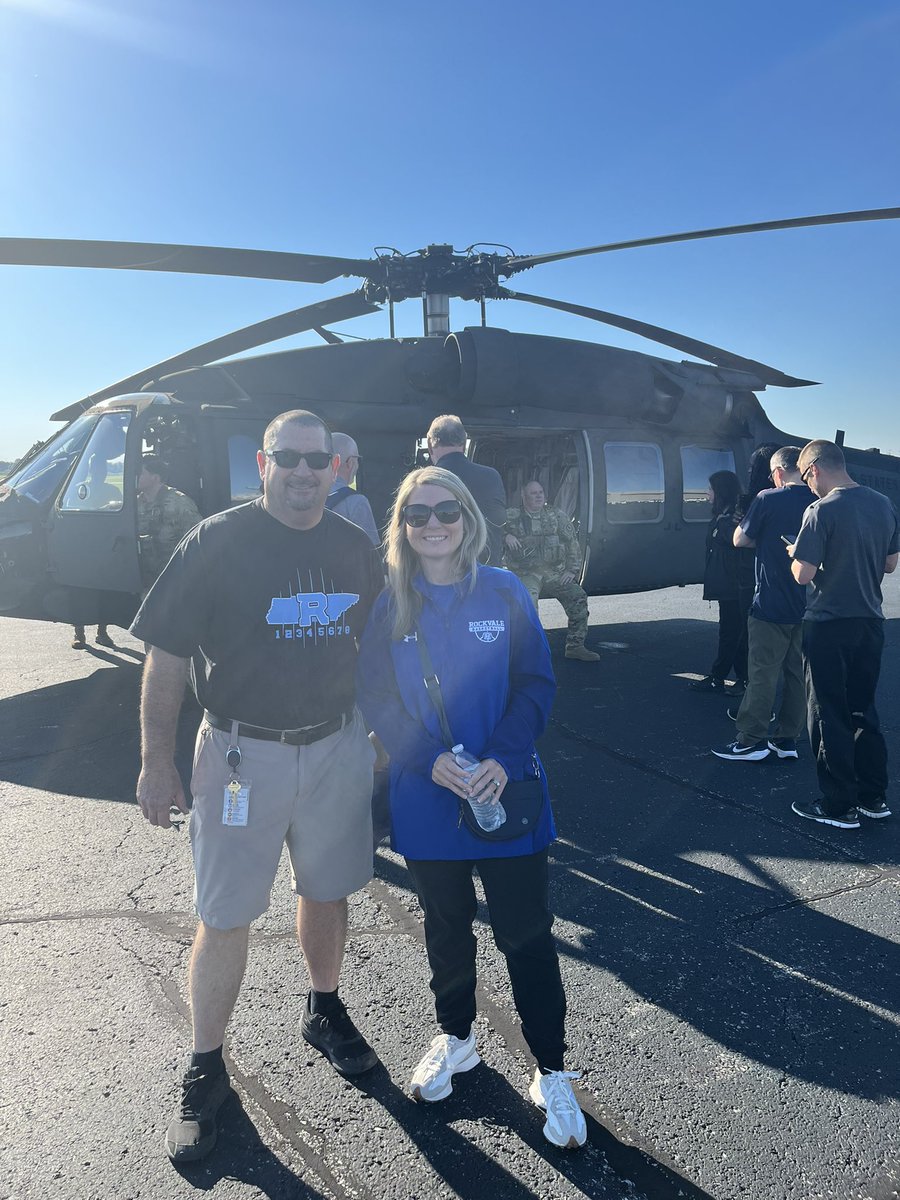 RockvaleHigh_TN's tweet photo. First class transportation to visit our students at JROTC camp. Principals Steve Luker and Megan Turnbow, along with other high school principals were able to fly in a black hawk this morning. https://t.co/Q7gwJbV24T
