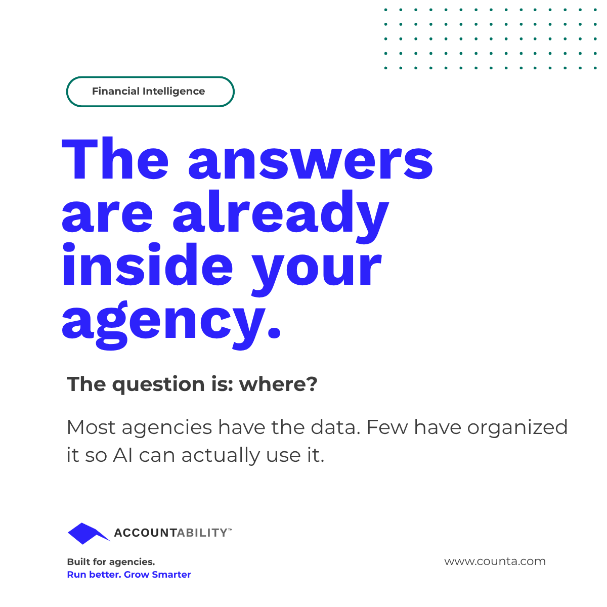 TeamCounta's tweet photo. The answers are already inside your agency.

Most generic systems store the data. Few organize it in a way that finance leaders and AI can actually use.

That's the difference between having data and having answers.

https://t.co/hmt8OdE459

#AgencyFinance #AI #CFO https://t.co/1qAwk3sDZA