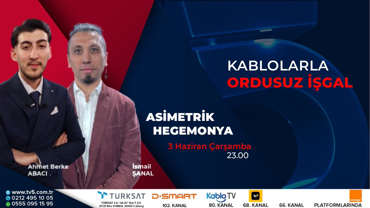 tv5televizyonu's tweet photo. -Geleceğin savaşları cephelerde mi, okyanusun dibindeki kablolar üzerinde mi yaşanacak?
-Egemenlik artık sınırları korumak mı, yoksa veri akışını kesintisiz sürdürebilmek mi?
-Bir toplum topraklarını kaybetmeden iletişimini, finansını ve koordinasyon yeteneğini kaybedebilir mi?

@ahmetberkeabaci soruyor, İsmail Şanal (@zeassi) cevaplıyor. 

#AsimetrikHegemonya bugün 23.00'de TV5'te.