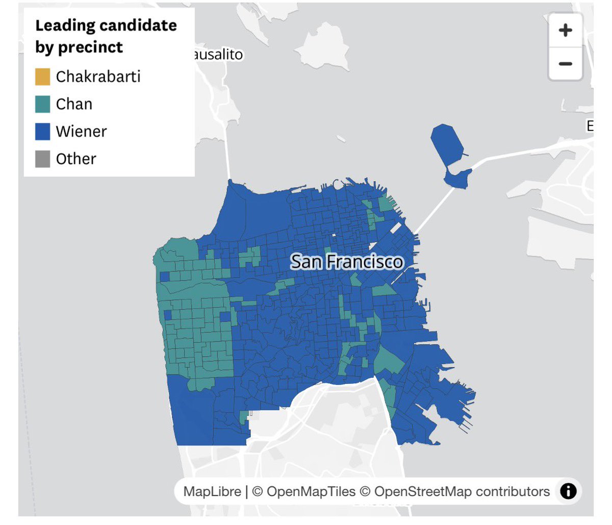 rohindhar's tweet photo. San Francisco congressional voting by precinct 

Blue = Scott Weiner top vote getter

Green = Connie Chan

Both are projected to advance to the general election in the Fall as the top two vote getters https://t.co/OgggLnXm3A