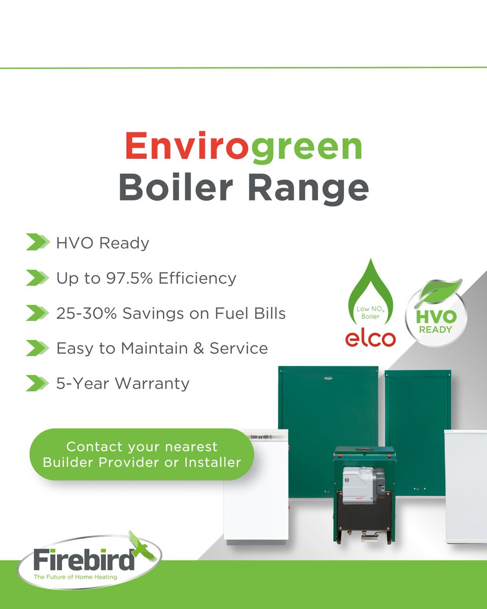 FirebirdHeating's tweet photo. We proudly manufacture the most efficient home heating boilers with 97.5% efficiency. Our Envirogreen boiler range uses less fuel and are all HVO ready.

To find out more about our most popular product visit our website: https://t.co/dls4hCp1p9

#Firebird #HVOReady https://t.co/HZphoRBWrE