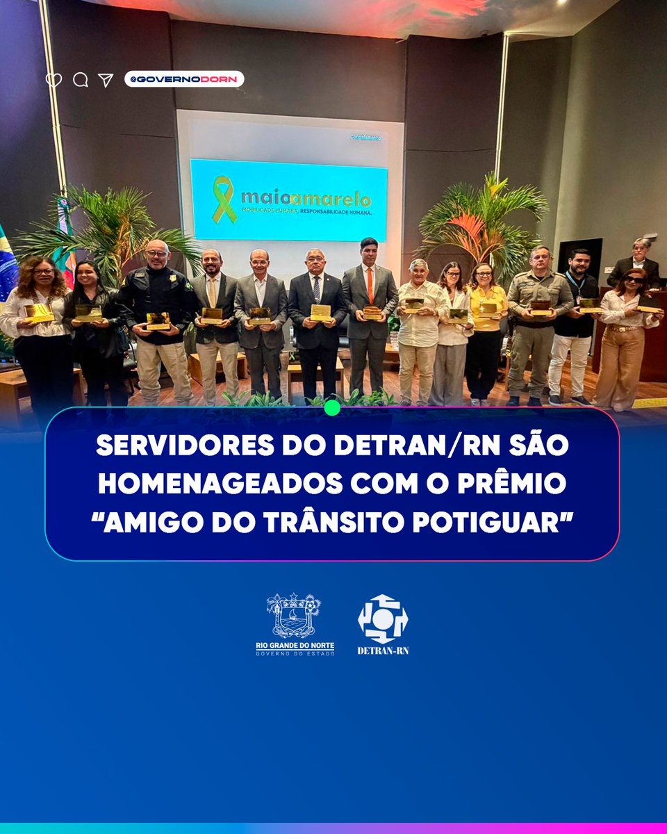 detran_rn's tweet photo. O Cetran/RN homenageou 4 servidores do Detran/RN com o prêmio “Amigo do  Trânsito Potiguar” no encerramento do Maio Amarelo 2026. Osmar Paiva  Filho, Antonino Melo, Mizael Gadelha e Wellington Tinoco (postumamente)  foram reconhecidos pelo compromisso com a segurança viária. https://t.co/LFZAJpyVPz