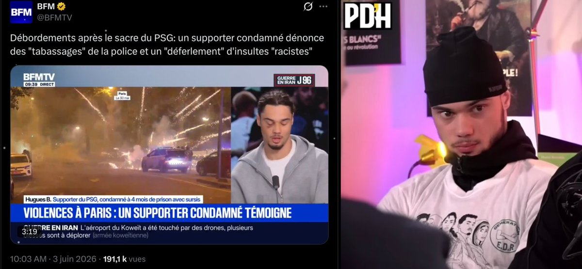 F_Desouche's tweet photo. Présenté comme un supporter du PSG, Hugues B. est un militant d’extrême gauche, invité du média islamo-décolonial Paroles d’Honneur et soutien du collectif anti-islamophobie « Génération E.D.R. », dont faisait partie la Jeune Garde https://t.co/Ok3hF6Ty90 https://t.co/Q25hfurtcW