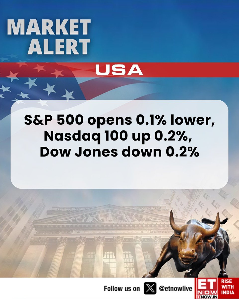 ETNOWlive's tweet photo. #MarketAlert | US Markets Open: S&amp;P 500 opens 0.1% lower, Nasdaq 100 up 0.2%, Dow Jones down 0.2%

#SnP #DowJones #Nasdaq #USA #StockMarket https://t.co/YGmEs0ZUn4