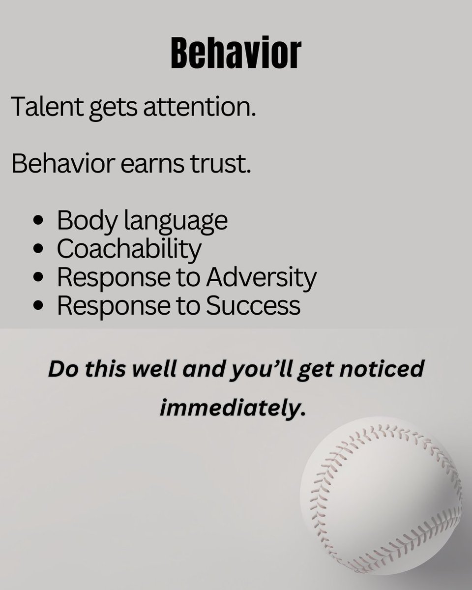 jgarsezbaseball's tweet photo. What college coaches notice in the first 2 weeks:

1. Physicality
2. Skill Acquisition
3. Behavior
4. Process

Most incoming freshmen believe talent is the separator. 

In reality, college coaches are evaluating you with a lot more detail. 

Which of these four areas do incoming college players struggle with the most?