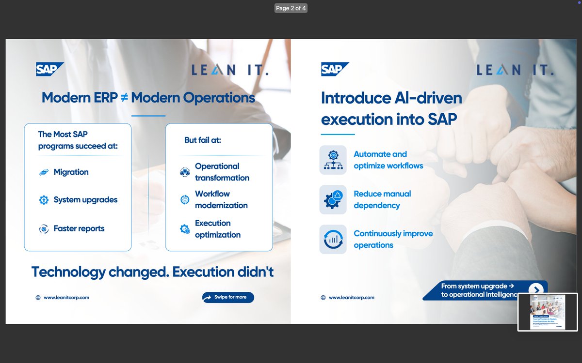 it28172's tweet photo. Going live on SAP is a milestone.

Transforming operations is the real goal.

The greatest value comes when AI helps SAP drive smarter processes, faster decisions, and continuous improvement.

#SAP #S4HANA #EnterpriseAI #ERPTransformation https://t.co/ptETaPkT4V