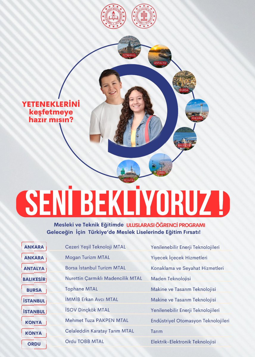 UskupEM's tweet photo. 🎓🌍 Türkiye'deki 10 Uluslararası Mesleki ve Teknik Anadolu Lisesi'nde burslu eğitim fırsatı seni bekliyor! 🇹🇷

🗓️ Başvuru Tarihleri: 📌 3 Haziran – 9 Haziran 2026

📝 Başvuru ve detaylı bilgi için: https://t.co/U1Apjwx066 https://t.co/Pon9jwHTAH