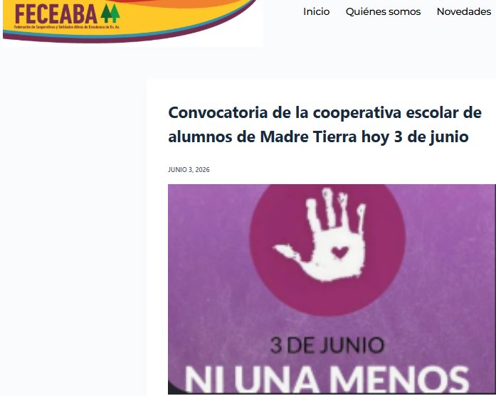 Feceaba2's tweet photo. Convoca la cooperativa escolar de Cooperativa Madre Tierra (San Miguel) Hoy 3J #NiUnaMenos https://t.co/Ob3VF21KQ9 @GildoOnorato @AlbertoBaves @gacetadcooperar @flaviaterigi https://t.co/D27K1w7lm0