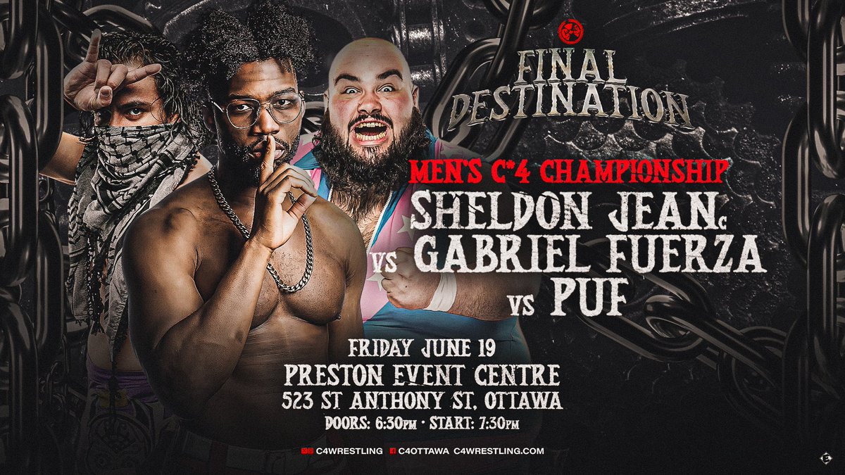 C4Wrestling's tweet photo. After last month’s chaos, one thing is clear: @SheldonJean_ is both a wanted man and a dangerous one.

On June 19th, he defends against two men hunting him down: @FuerzaLives and @PufTheWrestler!

🎟️🎟️🎟️
Online: https://t.co/Zhb12OWcui
In person at: @VertigoOttawa @OddsSodsShoppe https://t.co/IPAvJrAcjE