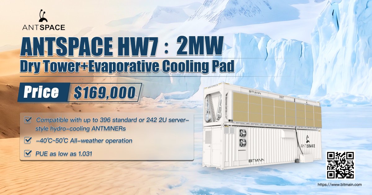 BITMAINtech's tweet photo. 🔥  Spot Sale: ANTSPACE HW7
🚀 BITMAIN’s 2MW Hydro-Cooling Container Solution
✅ Dry tower + evaporative cooling pad
✅ Fits up to 396 standard or 242 2U server-style hydro-cooling units
✅ -40°C to 50°C all-weather operation
✅ PUE as low as 1.031
💸  $169,000/package
🔗 Learn more: https://t.co/ktguf7usfb