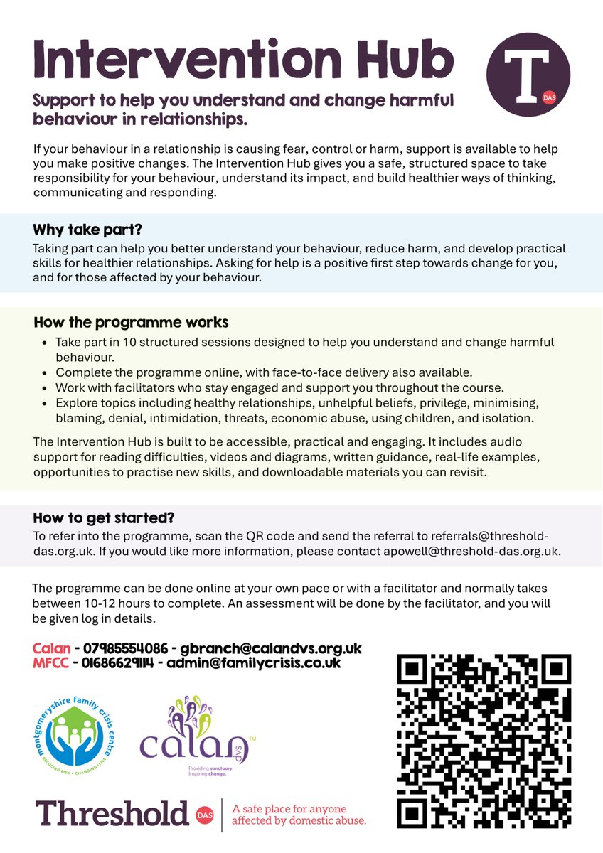 ThresholdDAS's tweet photo. Introducing the Intervention Hub – a structured support programme designed to help individuals understand and change harmful behaviour in relationships.

See below for more information 👇🏼 https://t.co/0gJr7rXRV8