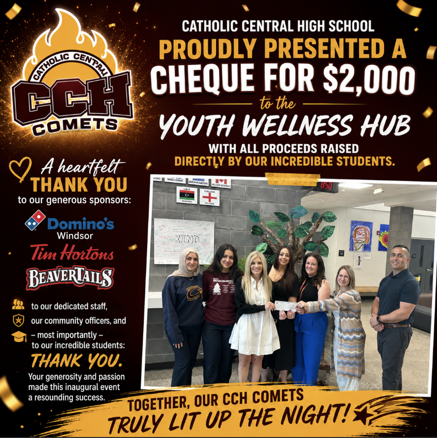 WECDSB's tweet photo. Catholic Central High School proudly presented a cheque for $2,000 to the Youth Wellness Hub today, with all proceeds raised directly by our incredible students. This donation was made possible thanks to the school's inaugural Light Up the Night Mental Health Walk, which took place on May 8. Serving as the grand finale to an inspiring Catholic Education Week, the event brought together 200 students in a powerful display of solidarity, resilience, and community spirit. Students lined the sidewalks with chalk-drawn messages of hope and walked to the beat of uplifting music, around the CCH track, symbolizing their shared journey toward wellness.
