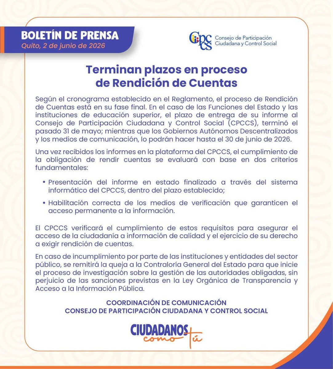 Azuay_Cpccs's tweet photo. En relación al proceso de #RendiciónDeCuentas que cumplen las Funciones del Estado y sus autoridades, instituciones de educación superior, medios de comunicación, GAD's y sus autoridades, el plazo para su cumplimiento del año 2025 #ConsejoEnTerritorio @CpccsEc @jorgeparval https://t.co/tpMNLKqJxO