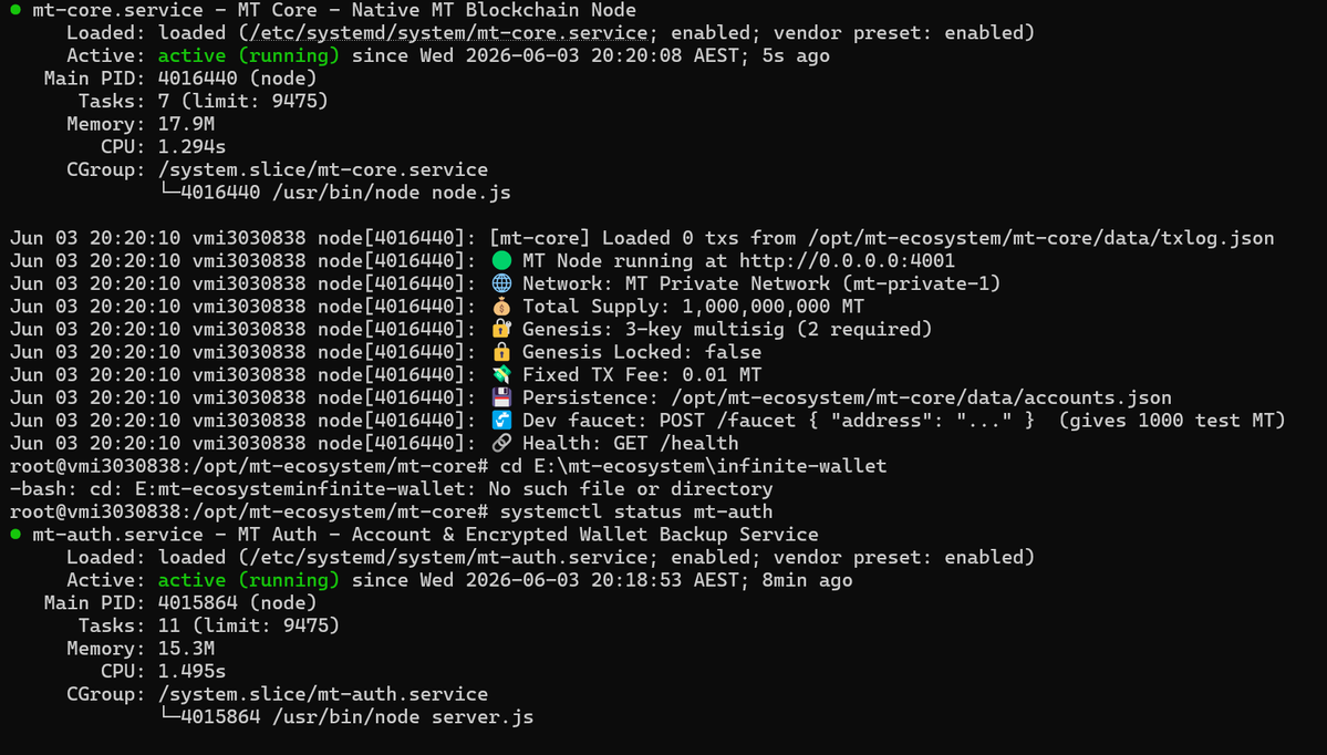 futuret3chdev's tweet photo. MT-CORE, MT-AUTH, MT-REACT, NODE S1, INFINITE WALLET, have started connections https://t.co/qxWjQTu2AI