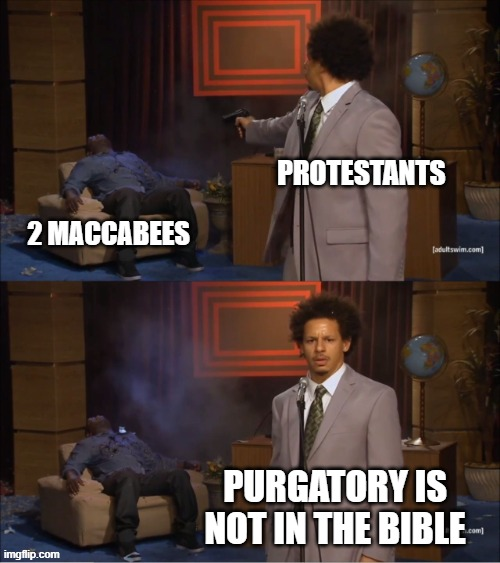 exanxc's tweet photo. The only thing the Bible does is prove the existence of Purgatory.

-2 Maccabees 12:39-46 —> "for if he were not expecting the fallen to rise again, it would have been superfluous and foolish to pray for the dead. But if he did this with a view to the splendid reward that awaits those who had gone to rest in godliness, it was a holy and pious thought."

-Revelation 21:27 —> "But nothing unclean will ever enter it [Heaven]."

-1 Corinthians 3:11–15 —> "If what has been built on the foundation survives, the builder will receive a reward. If the work is burned up, the builder will suffer loss; the builder will be saved, but only as through fire."

-Matthew 12:31-32 —> "And whoever speaks a word against the Son of Man will be forgiven; but whoever speaks against the holy Spirit will not be forgiven, either in this age or in the age to come."

-Matthew 5:25–26 —> "Settle with your opponent quickly while on the way to court with him. Otherwise your opponent will hand you over to the judge, and the judge will hand you over to the guard, and you will be thrown into prison. Amen, I say to you, you will not be released until you have paid the last penny."

Also, in 2 Timothy 1:16-18, St. Paul prays for the household of a man named Onesiphorus but refers to him only in the past tense. Then, in 2 Timothy 4:19, he greets the household of Onesiphorus without greeting the man himself, which has led many scholars to believe that Onesiphorus was dead before St. Paul wrote this letter. In 2 Timothy 1:18, St Paul prays, "May the Lord grant him to find mercy from the Lord on that Day." If Onesiphorus was dead, that would mean St. Paul was praying for the dead.