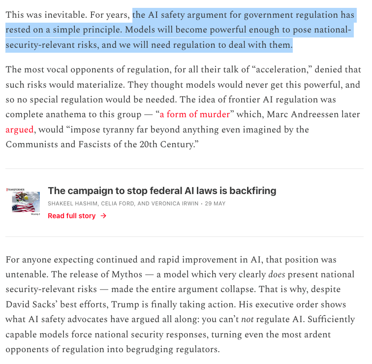 ShakeelHashim's tweet photo. Trump’s AI executive order shows what AI safety advocates have argued all along: you can’t not regulate AI. Sufficiently capable models force national security responses, turning even the most ardent opponents of regulation into begrudging regulators.

It's a huge blow for opponents to regulation. The accelerationists got the most sympathetic administration imaginable, and a direct line to POTUS. But what the models could do mattered more than anything they could.
