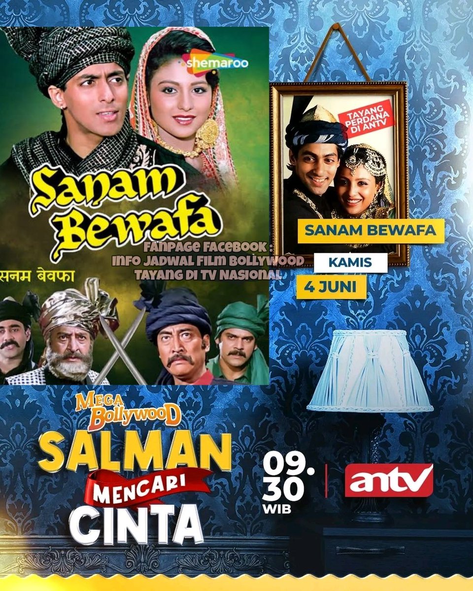 infojdwlbolly's tweet photo. 🔥TAYANG PERDANA DI ANTV🔥
#MegaBollywoodANTV
#MegaBollywoodPerdanaTayangDiANTV
#MegaBollywoodPilihanANTV
#MegaBollywoodSalmanKhan
#SanamBewafa
Kamis,04 Juni 2026 pkl:09:30 WIB
Dibintangi:
-Salman Khan
-Chandni

#SalmanKhan #Chandni
#SalmanMencariCinta https://t.co/hUUl9z8flt