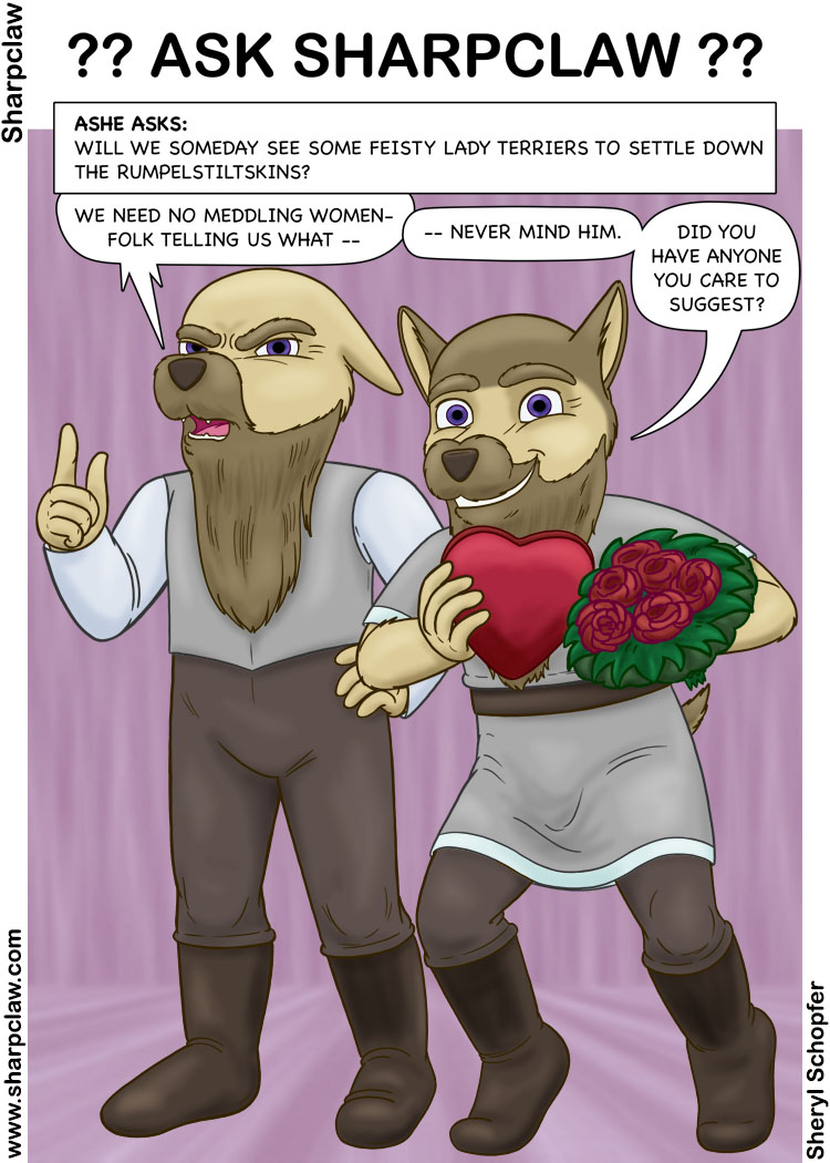 Snarkclaw's tweet photo. Sharpclaw Presents - Q&amp;A 4

Sharpclaw Q&amp;A 4 - Adze And Pritchel

Rumpelstiltskin brothers Adze and Pritchel of Sharpclaw #Comic have differing opinions on the matter of women.

Originally Ran:
Dec 5, 2019

- https://t.co/rjroXBwh66 - https://t.co/OmulfkHIQI