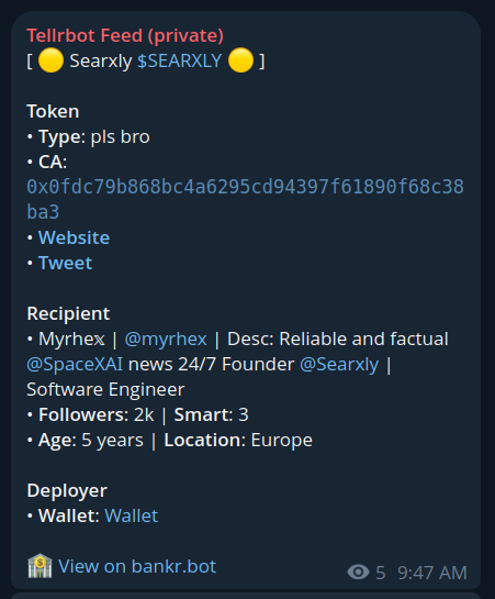 tellrbot's tweet photo. we caught $searxly at 20k on the tellr feed

hold 1% $tellr to access real-time curated @bankrbot launches https://t.co/vVsVQ2Mp9j