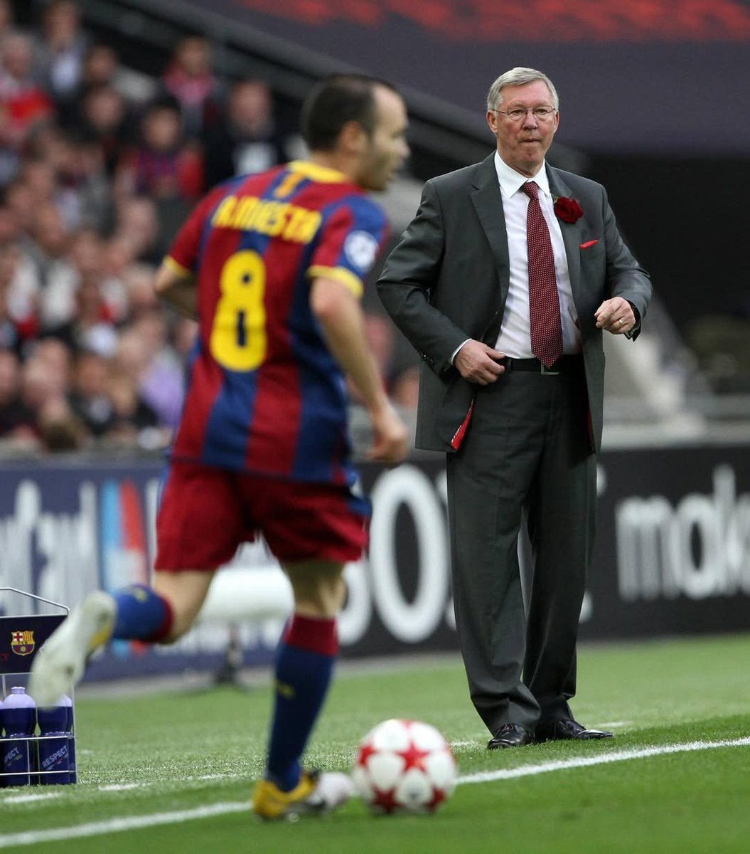 AwayDaysClub_'s tweet photo. In the 80th minute of the 2011 Wembley final, Barcelona were 3-1 up against Manchester United.

Sir Alex Ferguson's assistant suggested making a substitution, pointing out that Lionel Messi, Andrés Iniesta and Xavi had completely exhausted United's defence.
Ferguson's response?

"Sit back and enjoy the football they're playing. It's all over. They could keep possession for three days if they wanted."

It was one of the greatest team performances ever seen on a football pitch.
Messi received a perfect 10/10 rating for his display that night — a feat no player has matched in a Champions League final since.