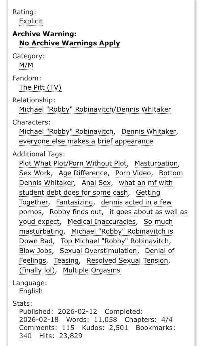 boywondqr's tweet photo. Repeat, rewind, replay hit 2.5k kudos!!!! Omg how exciting !!! 🎉❤️ it’s so funny to me that my fic with the most ridiculous concept and plot is my most popular 😭

Anyways everyone should read it cus it’s got horny, nervous Robby and slutty Dennis 
🔗 https://t.co/CQZ6cmkYdg https://t.co/aYkeYHulRi
