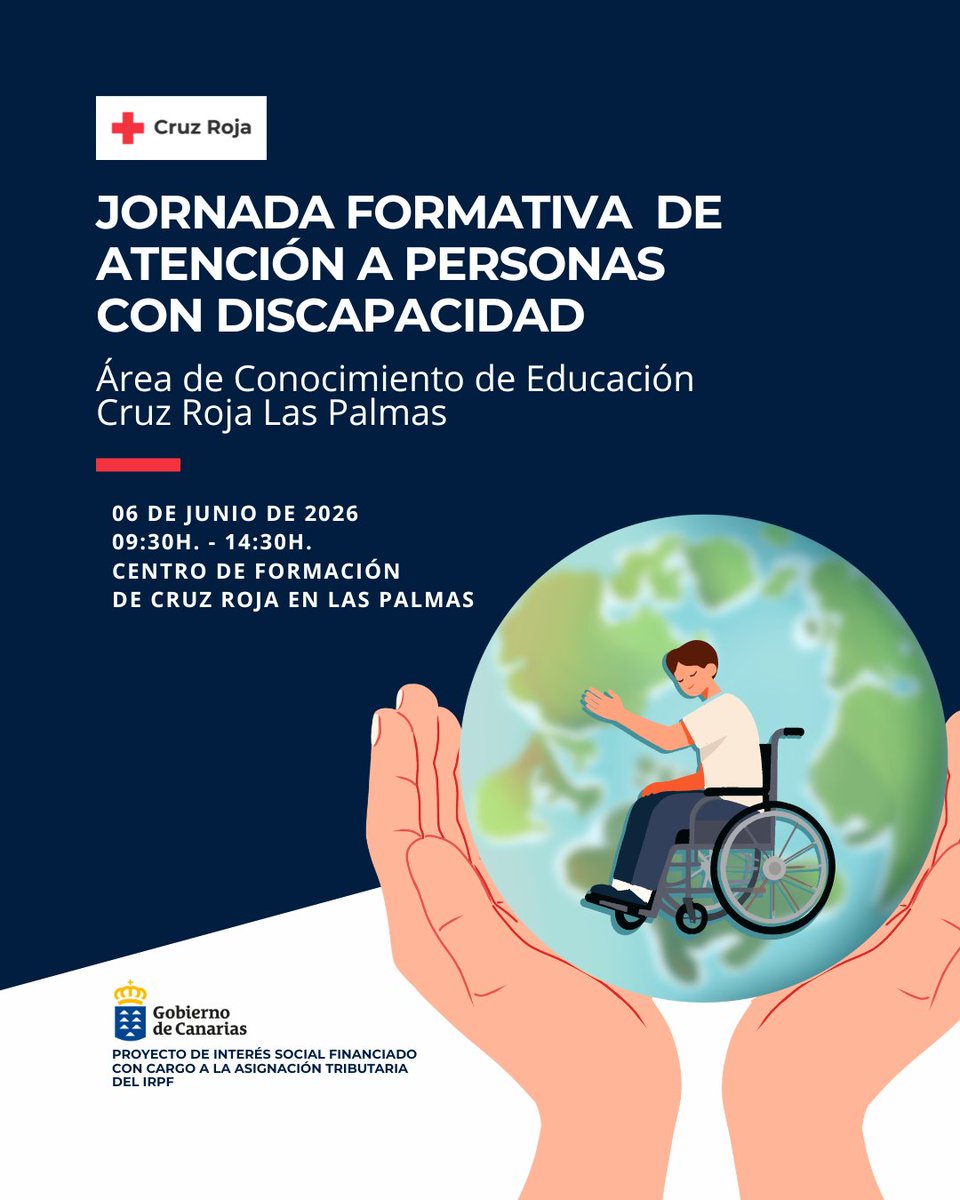 CruzRojaLP's tweet photo. 📚 Jornada formativa sobre atención a personas con discapacidad. Mejora tus habilidades para un trato inclusivo y respetuoso

🔗Enlace inscripción: https://t.co/NVfGwfAisk

📅 09:30–14:30

📍 LPGC. Centro Formación de Cruz Roja en Las Palmas. Puerto de la Luz (Acceso Belén María) https://t.co/LvbHMeBP3Q