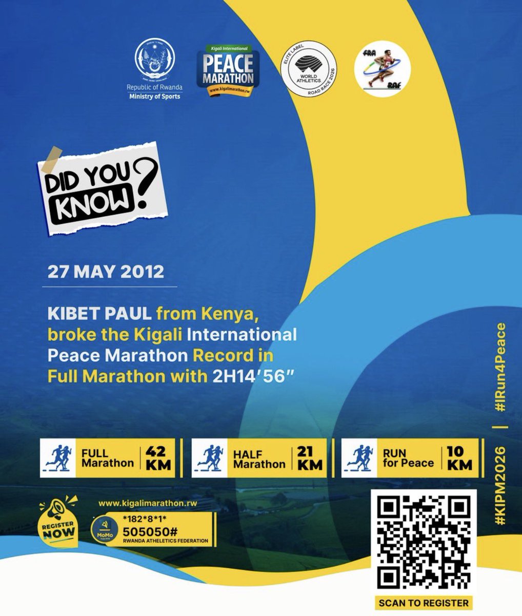 kwizigira's tweet photo. Umunyakenya, KIBET Paul hashize imyaka igera kuri 16 ntawuraca agahigo yashyizeho ko gukoresha amasaha 2h14’56’’ muri Full Marathon ya @KigaliMarathon 
Ese uyu mwaka hari uzakuraho ibi bihe?
Run For Peace 13thJune,2026
Half&amp;Full Marathon 14thJune,2026
#KIPM #Irun4Peace https://t.co/TBAoqzMd2b