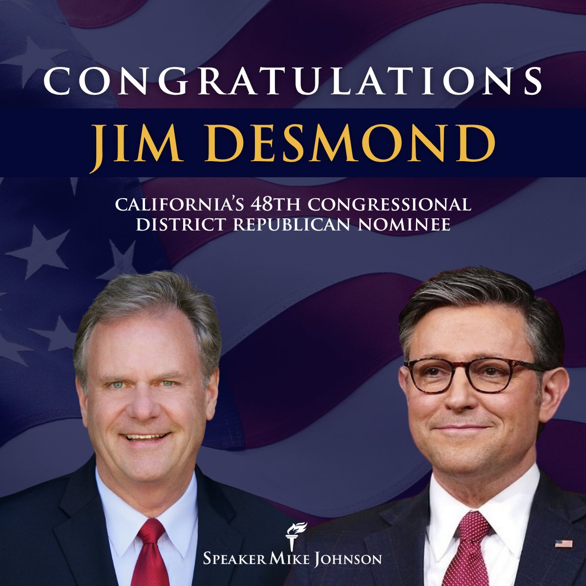 MikeJohnson's tweet photo. Congratulations to @JimDesmondSD 
on victory in the #CA48 Republican primary! I look forward to working together to defend and grow the majority in November. 🇺🇸 https://t.co/Bizt31pOIg