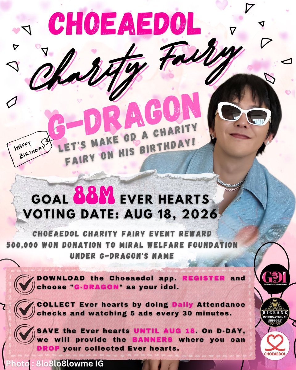 gdragonintl's tweet photo. 📢 VOTING ALERT!!🚨 

Start collecting your EVER HEARTS in the CHOEAEDOL App now for G-DRAGON’s Charity Fairy Event! 💛👑 

Our goal is to reach 88M Ever Hearts and celebrate GD’s birthday with a meaningful donation made in his name. ✨ 

📲 Complete your Daily Attendance check-ins
🎥 Watch Ads regularly to earn more Ever Hearts
💾 Save your Ever Hearts for D-Day 

The earlier we start collecting, the better our chances of reaching the 88M Ever Hearts goal together! 💛✨ 

Drop your DAILY HEARTS here: 
🔗https://t.co/1wuiYe6nMc

Let’s unite and make G-DRAGON a Charity Fairy for his birthday! 👑 

#GDRAGON @IBGDRGN
@BIGBANGintl