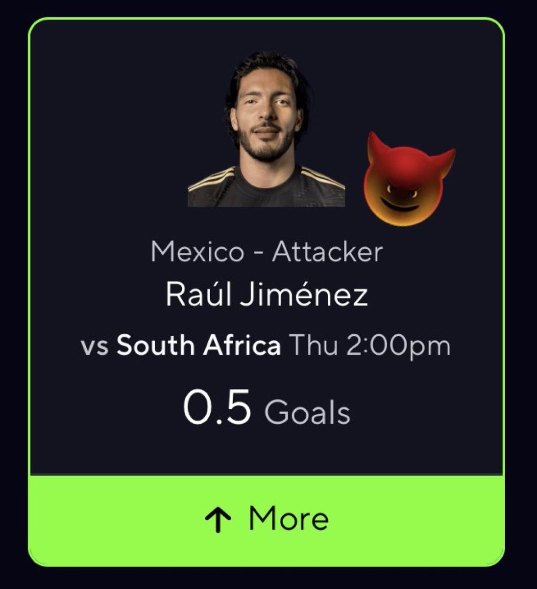 MRCLINTONfz's tweet photo. Raul Alonso Jimenez WILL score the World Cup opener, trust me 🍀

Free Discord👇🏻👇🏻

https://t.co/sqioFD5LjT

#PrizePicks #Gambling𝕏 #WorldCup #FIFA https://t.co/hpiAvMYD1T