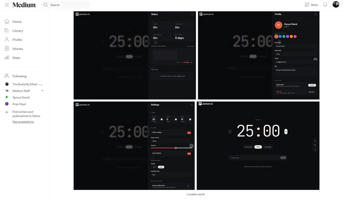 AryanHv's tweet photo. Two days ago, ask @uxsweta  to help me make my Pomodoro app UI/UX deigns better and she kindly gave me Incredible advises. today I tried to Implement what she said using @figma and @Lovable. read my experience in:

 https://t.co/W0h6hPhVDN https://t.co/K8yMSxLE2X
