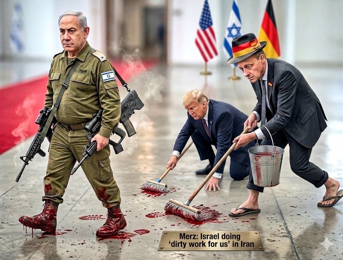 IRANinKENYA's tweet photo. In June 2025, German leader Merz openly admitted: “Israel is doing the dirty work for us in Iran.”
Now in 2026, Trump has fully joined the club — greenlighting the Zionist Entity to continue its genocide in both Lebanon and Iran.
Same axis. Same crimes. Different mouthpieces.
The West doesn’t fight its wars anymore… it outsources them to Israeli regime.
