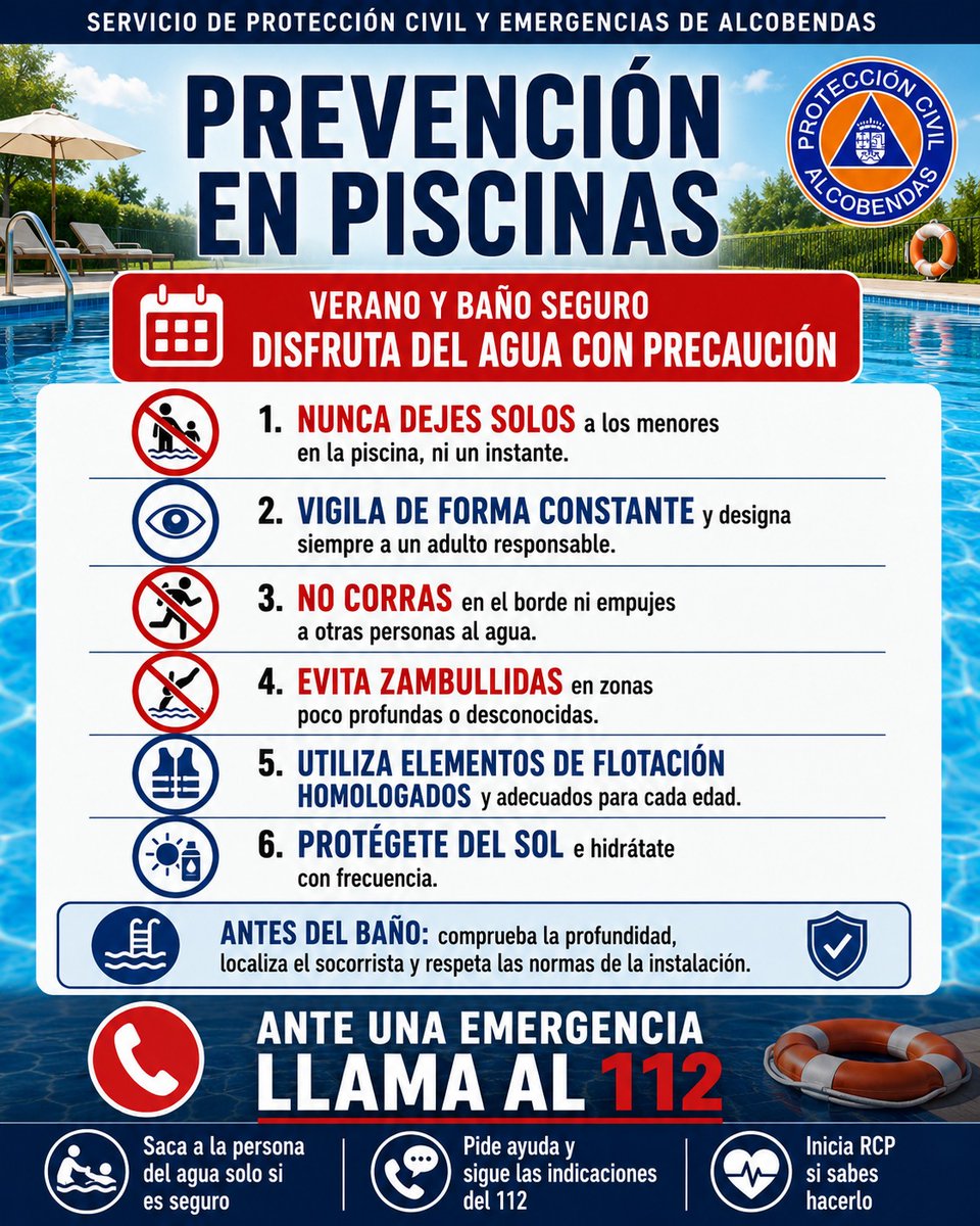 Alcobendas_Prot's tweet photo. 🏊‍♂️ Con la llegada del buen tiempo, disfrutar del agua con seguridad es fundamental.
Compartimos esta infografía con recomendaciones para prevenir accidentes en piscinas y disfrutar de un baño seguro. La prevención salva vidas.
#SomosParteDeTi
#Alcobendas
#SEMURAPC https://t.co/B2dIbMlNNQ