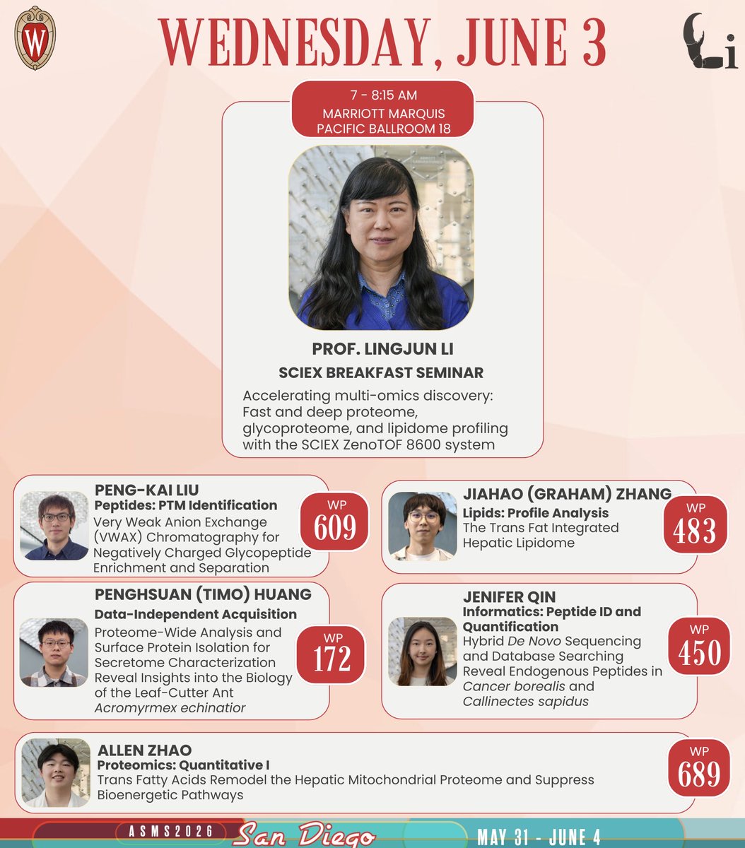 LiResearch's tweet photo. Good morning #ASMS2026! Check out the SCIEX Breakfast Seminar by Prof. Lingjun Li !!! Don't forget to stop by our 5 posters covering glycopeptide enrichment, DIA proteomics, trans fat lipidomics, and bioinformatics. https://t.co/Qca4hVvuYm