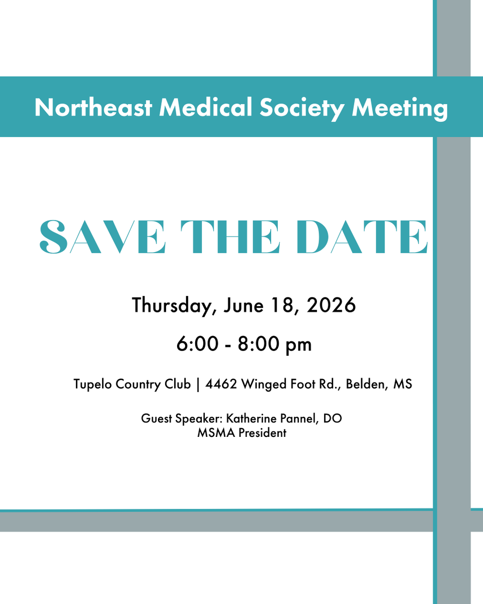 MSMA1's tweet photo. Join the Northeast Medical Society on June 18 (6–8 p.m.) at Tupelo Country Club for an evening of connection and conversation.

Hear from MSMA President Dr. Katherine Pannel and network with fellow physicians and healthcare leaders. Spouses are welcome. https://t.co/KpbbihcgCm