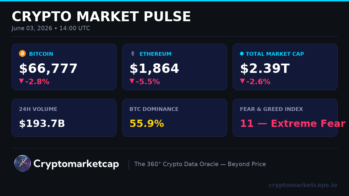 CryptoMC_Org's tweet photo. 📊 MARKET SNAPSHOT — June 03, 2026

Total MCap: $2.39T (-2.6%)
₿ BTC: $66,777 (-2.8%)
Ξ ETH: $1,864 (-5.5%)
Volume 24h: $193.7B
BTC Dom: 55.9%
F&amp;G Index: 11 (Extreme Fear)

Data from https://t.co/e347fAGcSy 🛡️ https://t.co/38z9LHjcK6