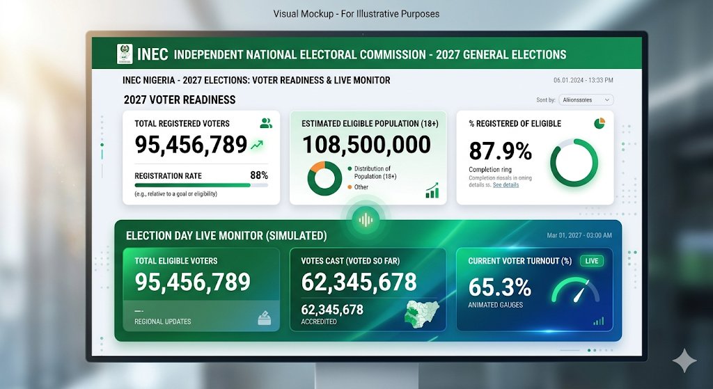 oke_osan's tweet photo. INEC @inecnigeria  should publish a live dashboard for the 2027 elections showing voter readiness (% registered vs eligible) &amp; live Election Day stats (% who voted).

The numbers will move Nigerians to get their PVCs abd vote. Let's make this a priority. 

This is a sample👇 https://t.co/T7e8oixPGH