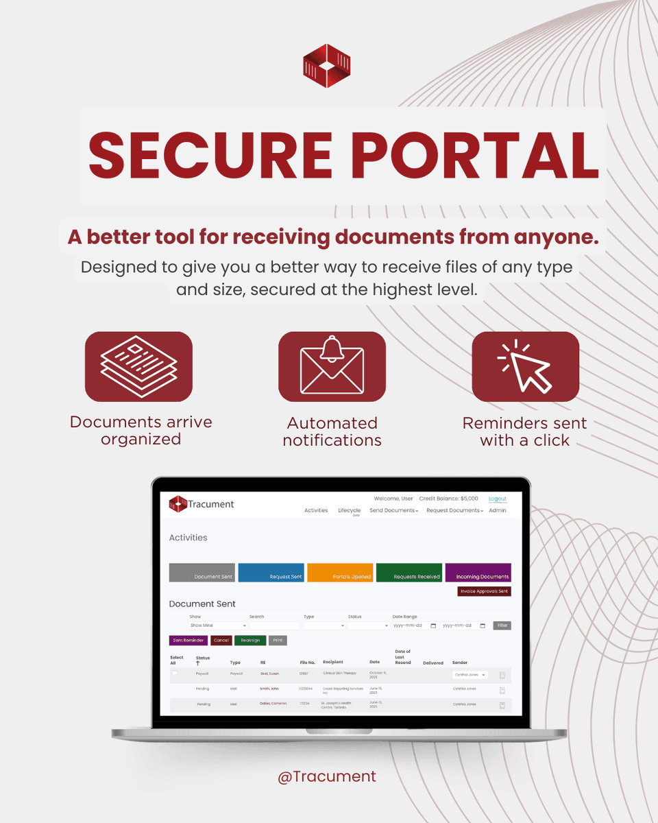 Tracument's tweet photo. Your team’s brainpower shouldn’t be tied up in renaming PDFs and chasing documents.

Our Secure Portal automates document intake—so your team can focus on legal work, not busywork.

📅 Book a demo: https://t.co/TD9tKHKaRf

#LegalTech " https://t.co/i52nUKV7Eu