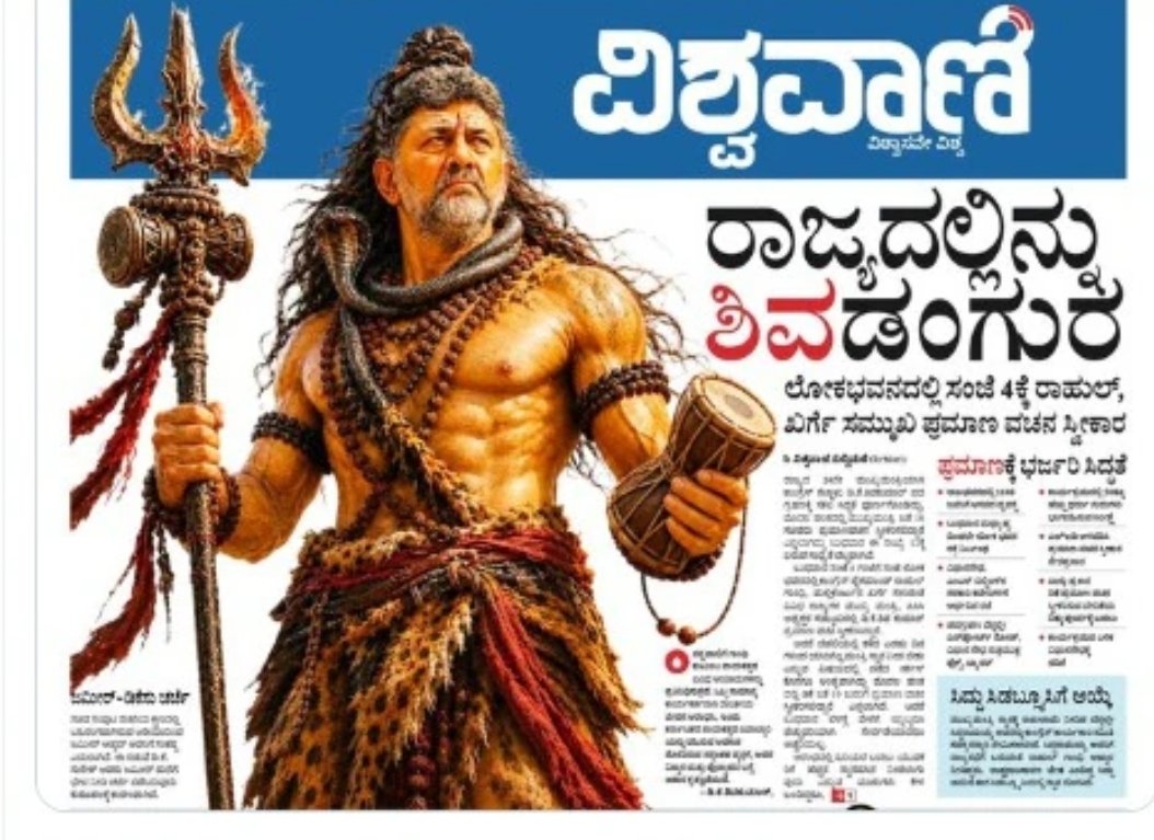 RShivshankar's tweet photo. HAD THE PAPER PUBLISHED A POSTER LIKENING MODI TO MAHADEV WHAT WOULD HAVE BEEN THE REACTION?

Kannada paper Vishwavani portrays Karnataka CM as Mahadev on page 1. https://t.co/Qqi4BfBK2Q