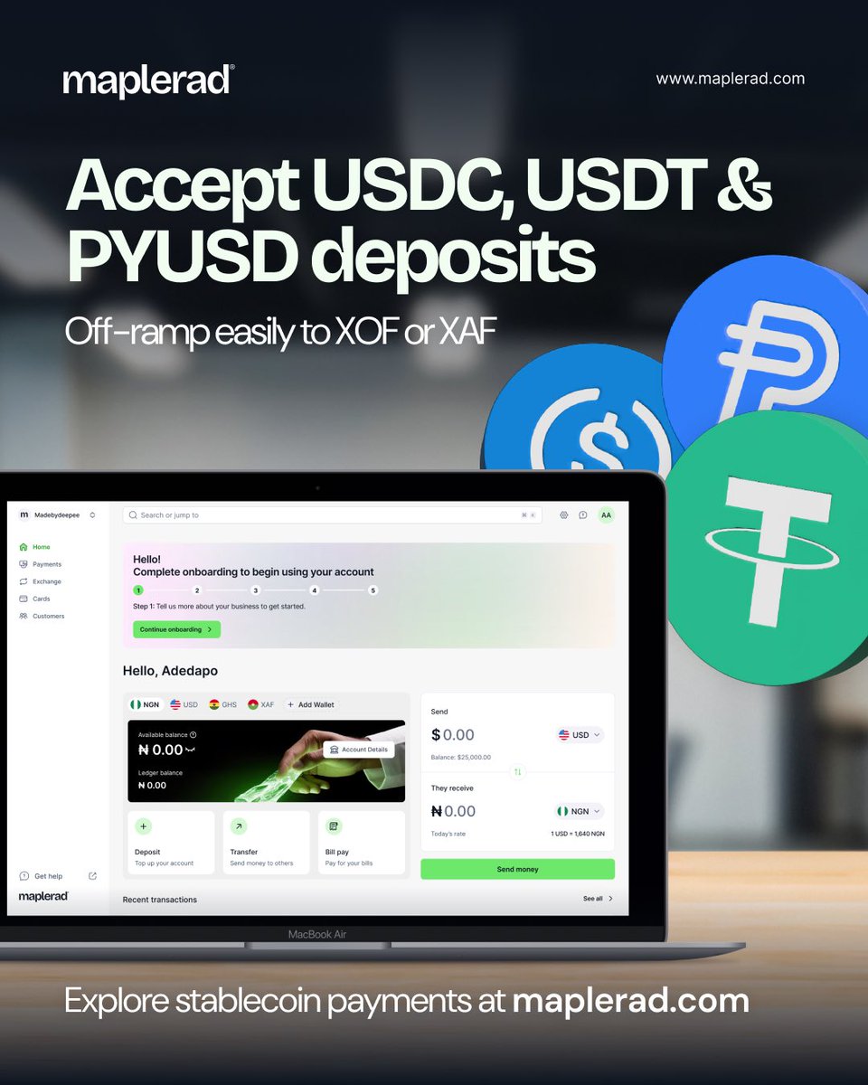 withmaplerad's tweet photo. Your customers may be paying you in stablecoins from anywhere in the world.

But your business still needs to pay suppliers in Ivory Coast, settle expenses in Benin, or run operations in Cameroon.

Maplerad makes that easy.

Accept USDC, USDT and PYUSD payments globally, then off-ramp seamlessly to XOF or XAF—so you can get paid globally and operate locally.

Explore stablecoin payments → https://t.co/5lsZBabqGR