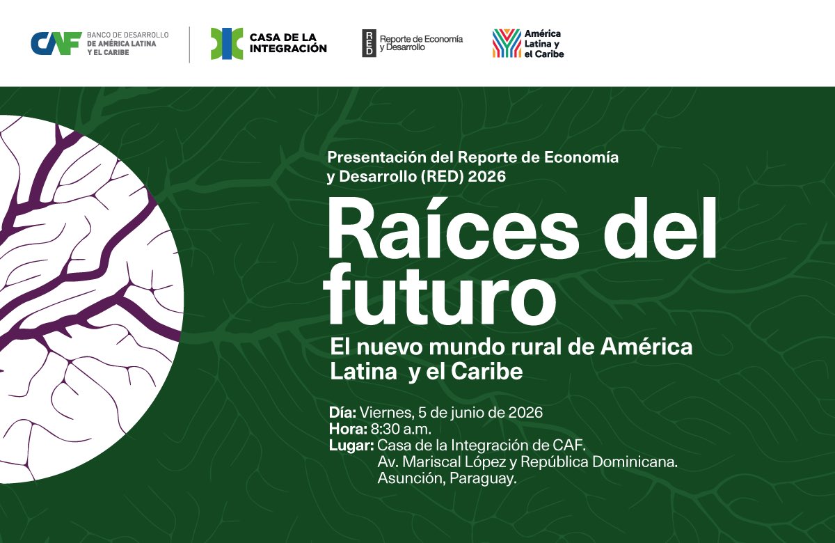 AgendaCAF's tweet photo. 🌾 El mundo rural será clave para el crecimiento, la seguridad alimentaria, la transición energética y el desarrollo sostenible de América Latina y el Caribe.

Te invitamos a la presentación en Paraguay del RED 2026 de CAF, “Raíces del futuro: el nuevo mundo rural de América Latina y el Caribe”, una publicación que propone una hoja de ruta para impulsar el potencial productivo y social de la ruralidad.

📅 5 de junio
🕣 8:30 a.m.
📍 Casa de la Integración CAF, Asunción
Inscríbete aquí: https://t.co/SRwqEnET5u