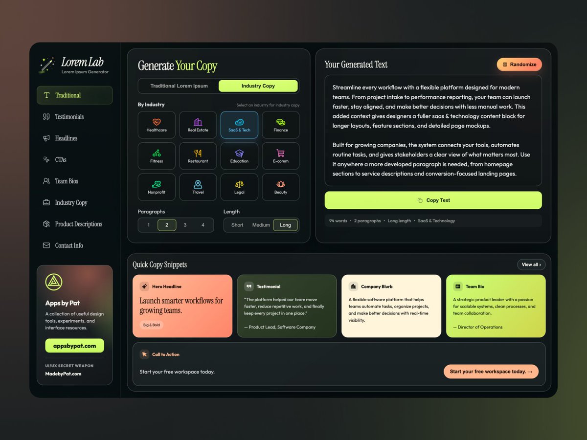 madebypatdotcom's tweet photo. Lorem Lab - Lorem Ipsum Generator
https://t.co/iFxpOQjR8I
https://t.co/sKO83nOxrX
#LoremLab, #LoremIpsum, #LoremIpsumGenerator, #CopyGenerator, #PlaceholderText, #ContentGenerator, #DesignTools, #WebDesign, #UIDesign, #UXDesign, #ProductDesign, #SaaSDesign, #DarkUI https://t.co/nDgGCF9epn