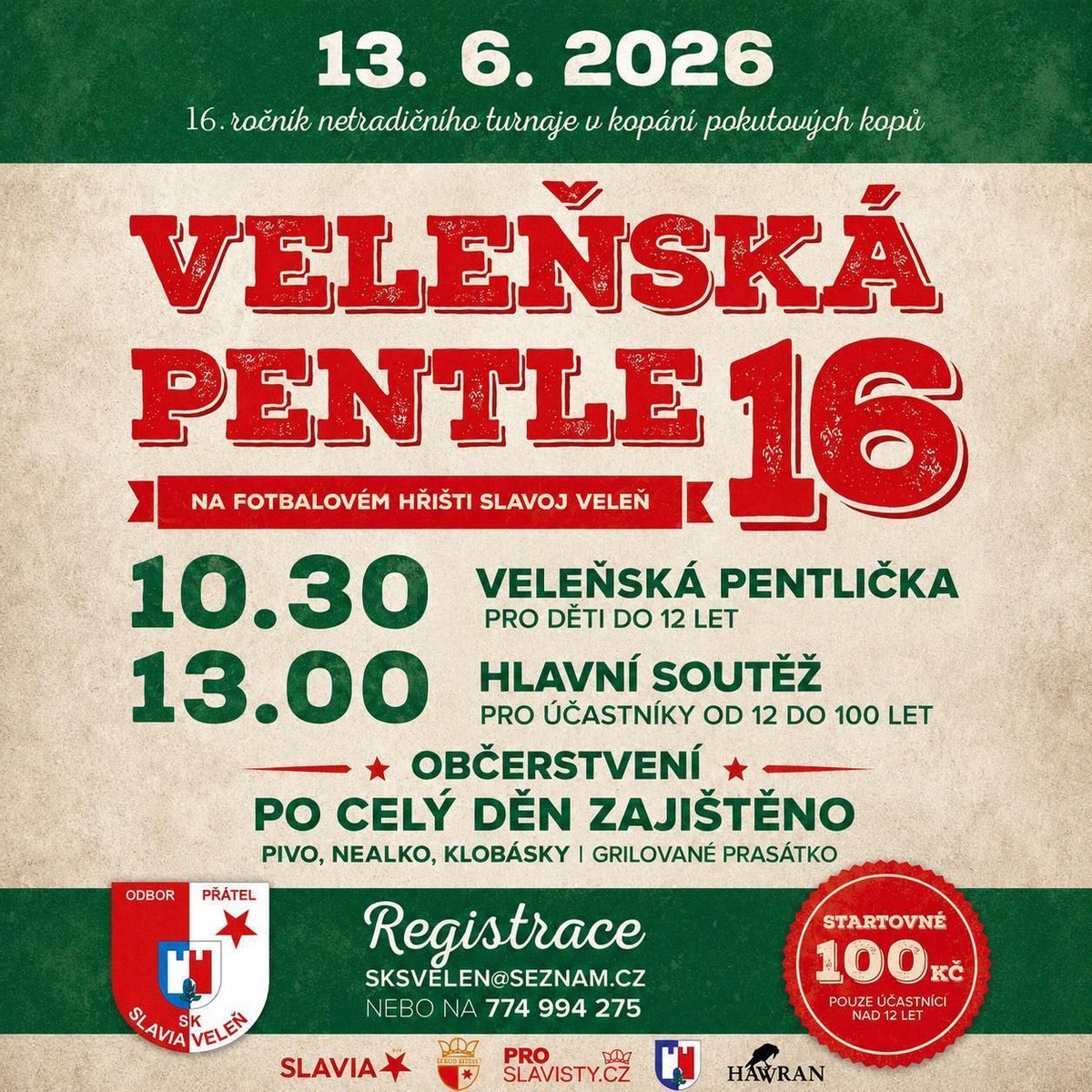 odborpratel's tweet photo. ⚽ Veleňská pentle 2026 se blíží! ⚽

​Tradiční soutěž v kopání penalt propukne v sobotu 13. června 2026 na fotbalovém hřišti ve Veleni!

​🎯 Program:

• Dopoledne: Soutěž pro děti 👦
• Odpoledne: Hlavní turnaj dospělých 🏆

​Přijďte střílet, fandit a užít si fotbalovou sobotu! 🎯

​#velenskapentle #fotbalvelen #odborpratel #prateleslavie