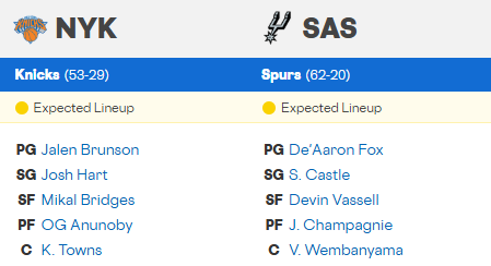 xEP_Network's tweet photo. Comparing the NBA Finals Starting Lineups📊

Assuming Castle guards Brunson, we are in store for another great guard matchup. Both teams forwards are players that are crucial to the teams success and may be the defining spot for this series!

If the Knicks plan to win, OG + Mikal need to thoroughly outplay Vassell + Champagnie. The Knicks have a real shot of doing this if KAT really does pull Wemby from out of the paint to guard his 3pt shot.

KAT & OG need to stay out of foul trouble for NY while for SA, I think Fox has to be a dominant playmaker every possession for the Spurs to get the edge. 📢Exciting series start tonight!