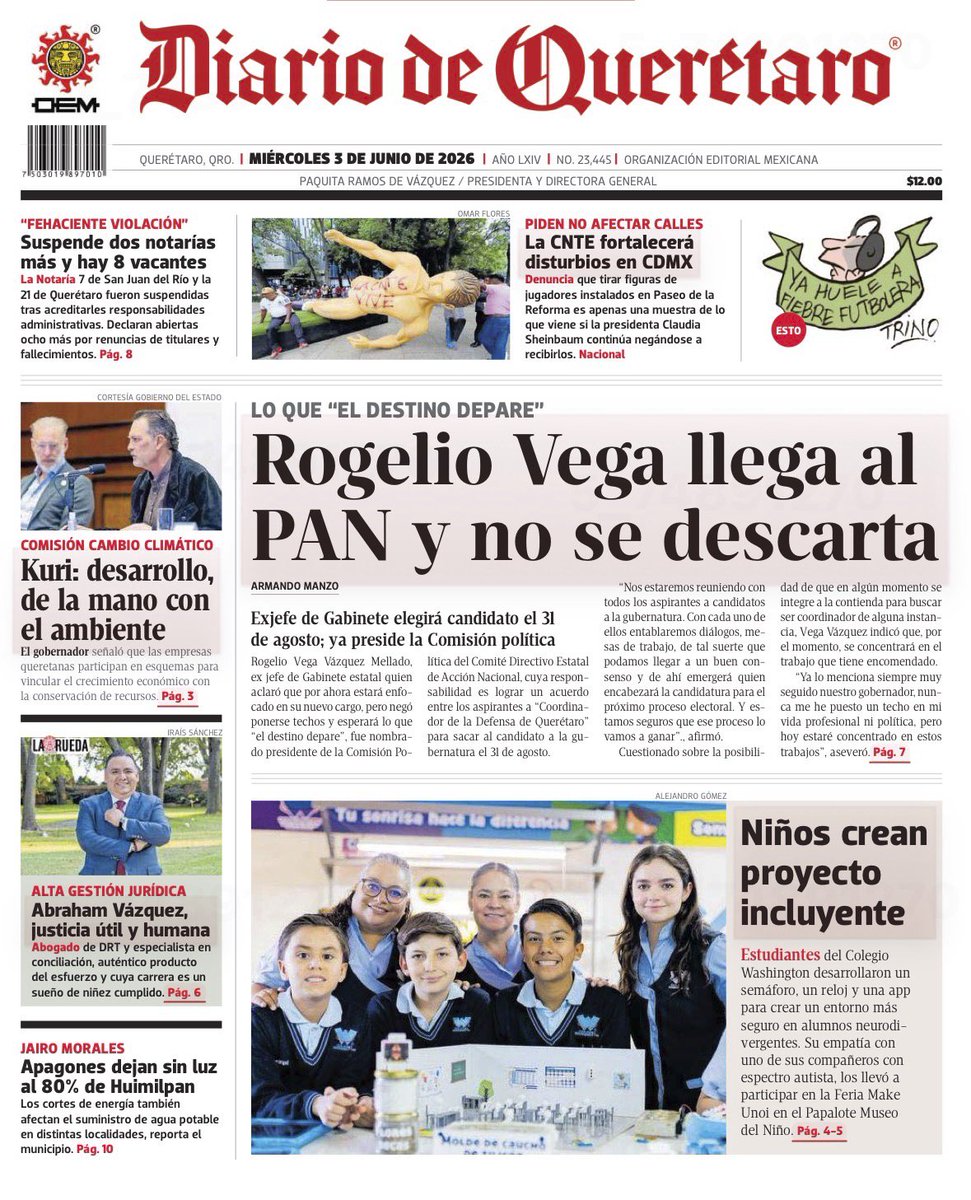 MagazineTV_MZTV's tweet photo. 🌞 #LindoMiercoles
🗞 🇲🇽 Portadas de Querétaro
🗓️ 03 junio 2026
#Noticias #DiarioDeQueretaro #PlazaDeArmas #Publimetro https://t.co/6Y9h46J1fo