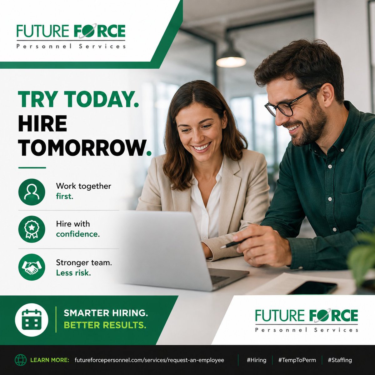 future_force's tweet photo. Tired of costly hiring mistakes? 👋 Temp-to-perm lets you work with someone before making it official, like a trial run for your team.

See their work ethic, culture fit, and skills firsthand before committing. Less risk, better results.

Future Force Personnel makes it simple. https://t.co/zM96VgnaS1