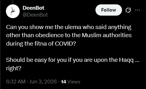 1MMeducation's tweet photo. Question: Can you show me the ulema who said anything other than obedience to the Muslim authorities during the fitna of COVID?

Sure.

1) I asked the mufti Shaykh 'Abdul-'Azeez Aal Shaykh (may Allah have Mercy on him) questions about what to do specifically when living under non-Muslim authorities. His answers are here: https://t.co/Nn6sYwgxRd

2) Shaykh Saalih al-Fowzaan, the current mufti (may Allah preserve him) mentions the obligation of distancing in the prayer rows, based on the Quranic command to take precautions, not simply obedience to rulers. There is no specification of his country or only the Muslim lands. That was imagined by people who did not want his guidance in this matter. Here: https://t.co/Nn6sYwgxRd

3) The Lajnah Daa'imah (Standing Committee) for Fatwaa in Saudi Arabia answered many questions, nothing at all was indicated in them that these issues were only for Saudi Arabia or only under Muslim rulers who require such things. Again, the assumption that it was only for those living under Muslim leaders is imagined, not stated nor implied. Here: https://t.co/EMlvqINmon

4) Another series of beneficial advice from the former Mufti (may Allah have Mercy on him) on essential topics related to Covid-19. Again, the assumption that these beautiful points were only for Muslims living under Islamic governments is not stated nor implied, just a figment of imagination, based on information-bias. Here: https://t.co/OBP1aIVXO1

5+) There are many more Q&A's and other topics covered, of great benefit by Allah's Permission, which can be accessed here: https://t.co/k2fpVwcfHD

Many doubts raised by Abu Iyaad Amjad Rafiq and others are addressed without mentioning names, yet the issues are handled in a sober and consistent way in the comments of these articles (above), by Allah's Permission. 

Also, there is an unresolved problem with the assumption that Muslims in Muslim lands would do something impermissible & Islamically unjustifiable in their religion out of obedience to their rulers; it is not from the religion of Islam. We obey our Muslim leaders in matters which are permissible only, as a principle. The scholars know this more than anyone, so they are the last people who would suggest obeying rulers in impermissible things. Meaning: These precautions, after the due diligence that people of knowledge are known for, were deemed as necessary for the preservation of life and safety, and this is why they directed the people to them, not to simply satisfy the Muslim leaders.

I hope this answer provides some insight, and Allah knows best.