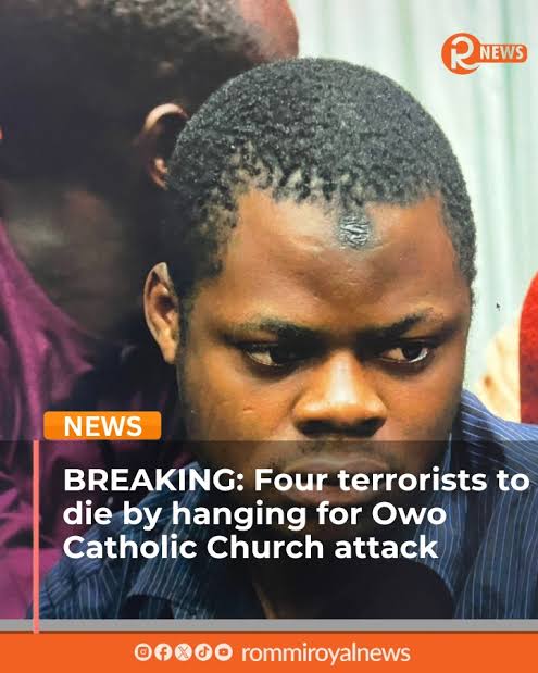 nezzylina's tweet photo. BREAKING NEWS 🚨: Justice has finally caught up. A Federal High Court in Abuja has sentenced four individuals to death by hanging over the horrific Owo church attack. https://t.co/yBJsbhfQud
