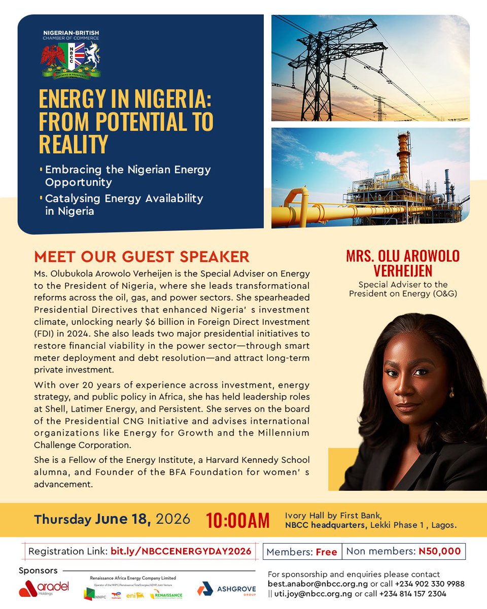nbccng's tweet photo. Meet Our Guest Speaker

We are proud to welcome Mrs. Olu Arowolo Verheijen, Special Adviser to the President on Energy (Oil & Gas), as our Guest Speaker at NBCC Energy Day 2026.

With over two decades of experience spanning energy strategy, investment, and public policy, Mrs. Verheijen has been at the forefront of driving transformational reforms across Nigeria’s oil, gas, and power sectors. Her leadership has helped unlock billions in investment, strengthen energy sector viability, and advance initiatives that support sustainable economic growth.

Join us as she shares valuable insights on how Nigeria can bridge the gap between potential and reality in the energy sector, while creating pathways for investment, innovation, and long-term energy security.

📅 Thursday, June 18, 2026
⏰ 10:00 AM
📍 Ivory Hall by First Bank, NBCC Headquarters, Lekki Phase 1, Lagos

🔗 Register: https://t.co/3RVOeouWAs

#NBCCEnergyDay2026 #EnergyInNigeria #EnergyTransition #PowerSector #OilAndGas #InvestmentOpportunities #EnergyLeadership #SustainableDevelopment #NBCC #NigeriaBusiness #EnergyForGrowth